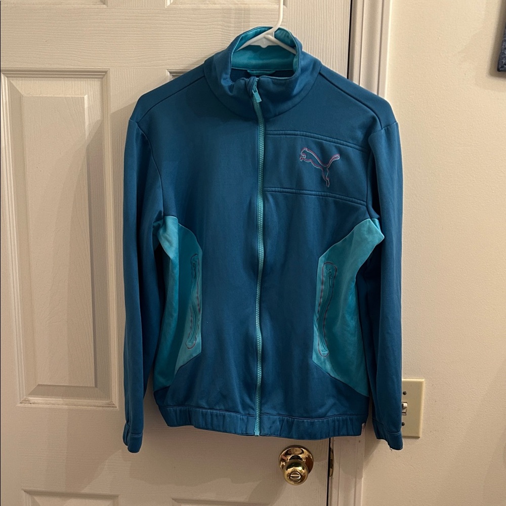 Vintage Puma Track Jacket Blue Teal Zip Up Retro Y2K Style 2010s Athleisure Sz M